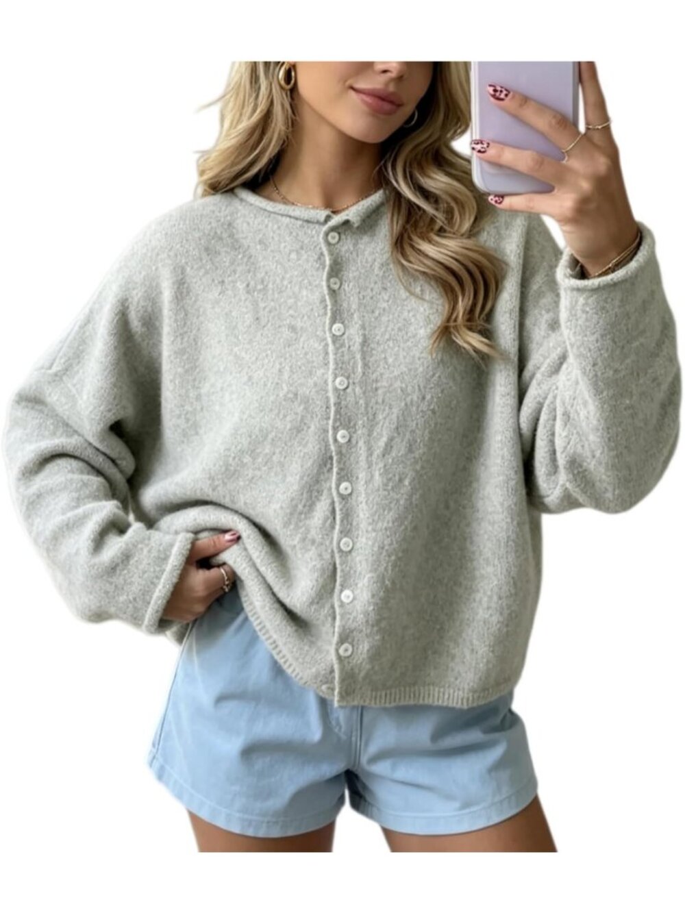 Women's Gray Stripes Cardigans Long Sleeve Button Down Loose Top Y2k Sweaters